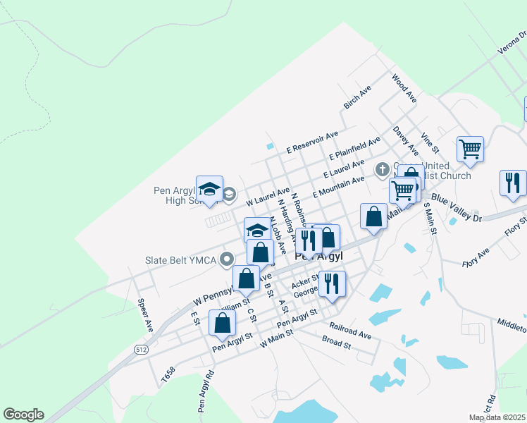 map of restaurants, bars, coffee shops, grocery stores, and more near 309 West Mountain Avenue in Pen Argyl