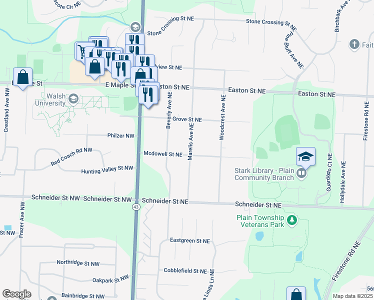map of restaurants, bars, coffee shops, grocery stores, and more near 1025 Mcdowell Street Northeast in Canton