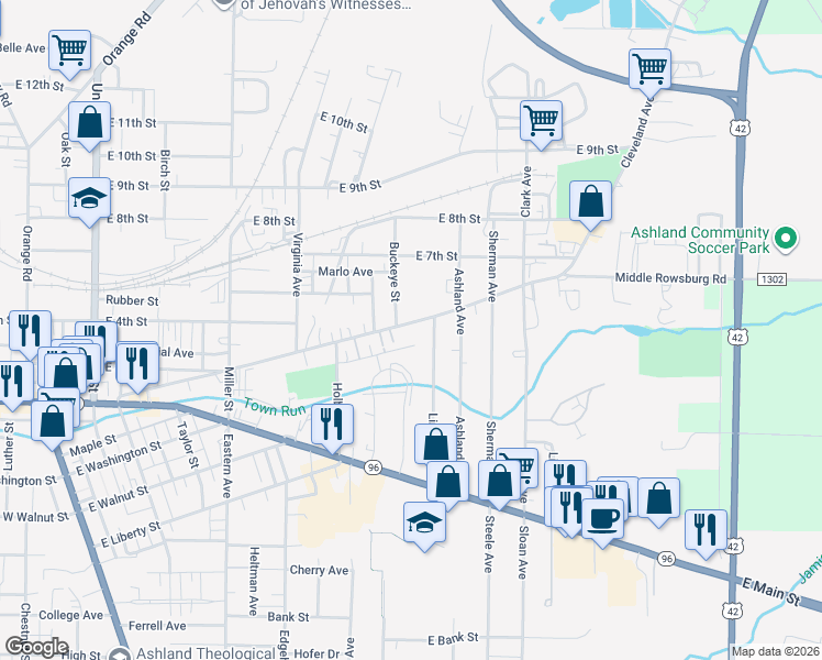 map of restaurants, bars, coffee shops, grocery stores, and more near 715 Cleveland Avenue in Ashland