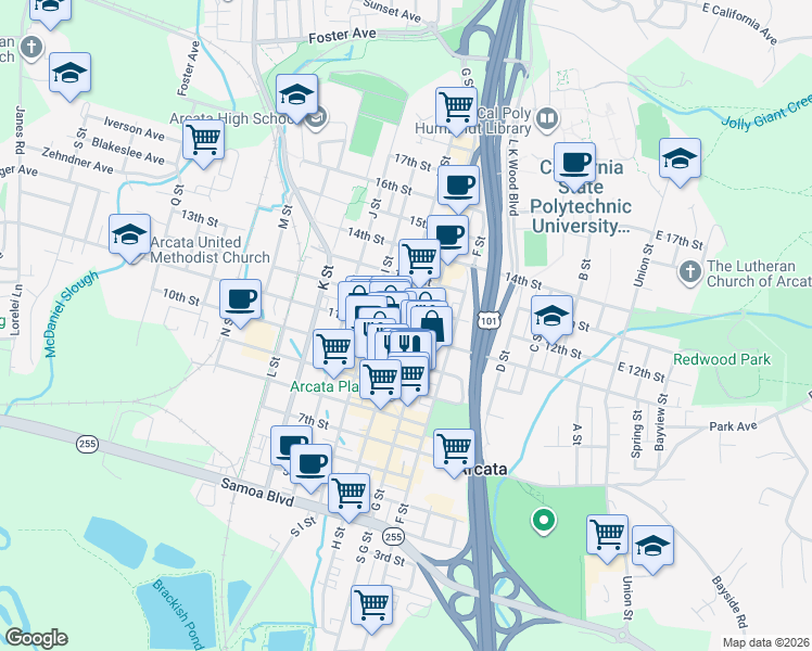 map of restaurants, bars, coffee shops, grocery stores, and more near 760 11th Street in Arcata