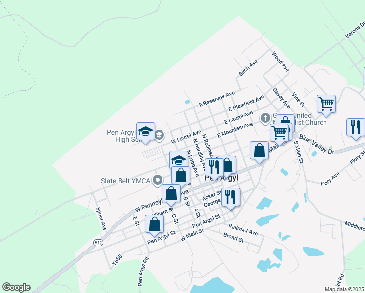map of restaurants, bars, coffee shops, grocery stores, and more near 309 West Mountain Avenue in Pen Argyl