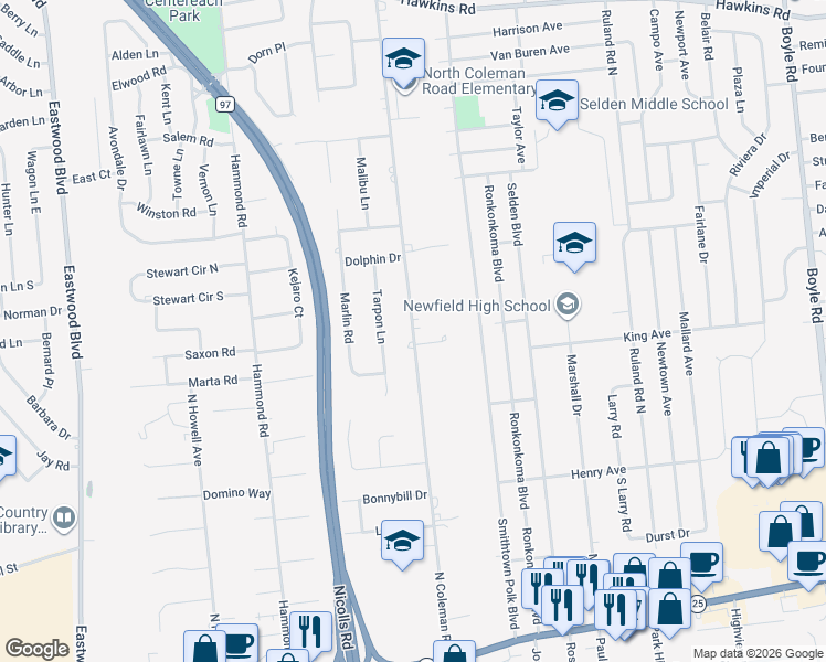 map of restaurants, bars, coffee shops, grocery stores, and more near 106 North Coleman Road in Centereach