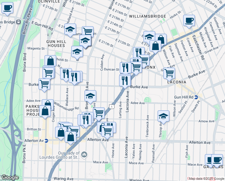 map of restaurants, bars, coffee shops, grocery stores, and more near 3041 Hone Avenue in The Bronx