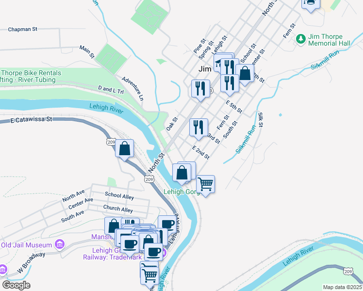 map of restaurants, bars, coffee shops, grocery stores, and more near School Street in Jim Thorpe