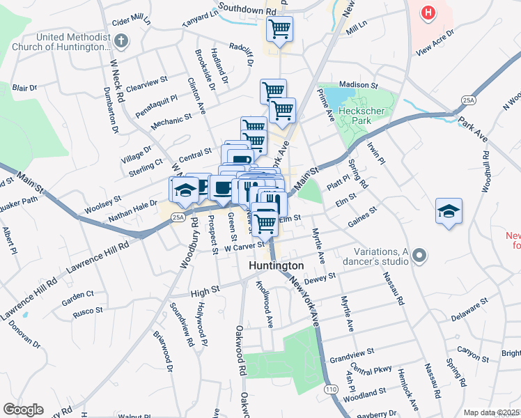 map of restaurants, bars, coffee shops, grocery stores, and more near 281 Main Street in Huntington