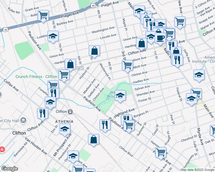 map of restaurants, bars, coffee shops, grocery stores, and more near 233 Clinton Avenue in Clifton