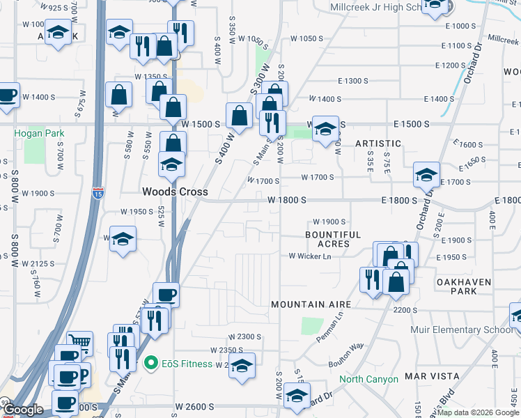 map of restaurants, bars, coffee shops, grocery stores, and more near 1840 South 200 West in Bountiful