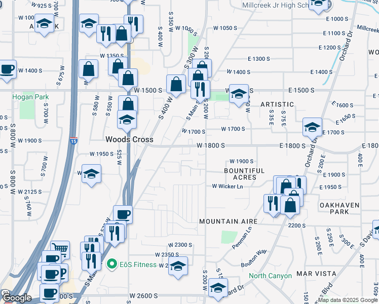 map of restaurants, bars, coffee shops, grocery stores, and more near 1840 South 200 West in Bountiful