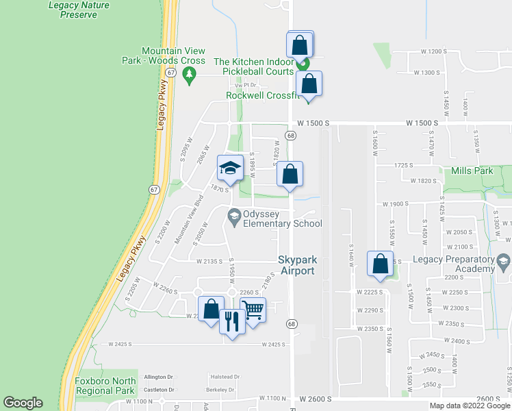 map of restaurants, bars, coffee shops, grocery stores, and more near 1869 1950 South in Woods Cross