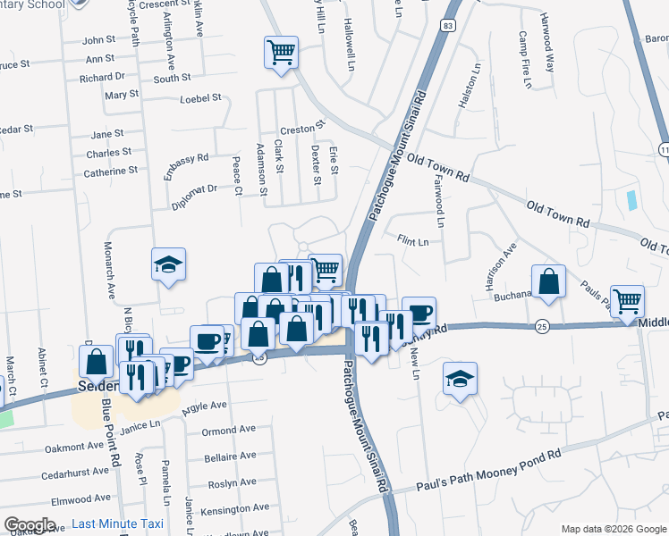 map of restaurants, bars, coffee shops, grocery stores, and more near 37 Freedom Lane in Coram
