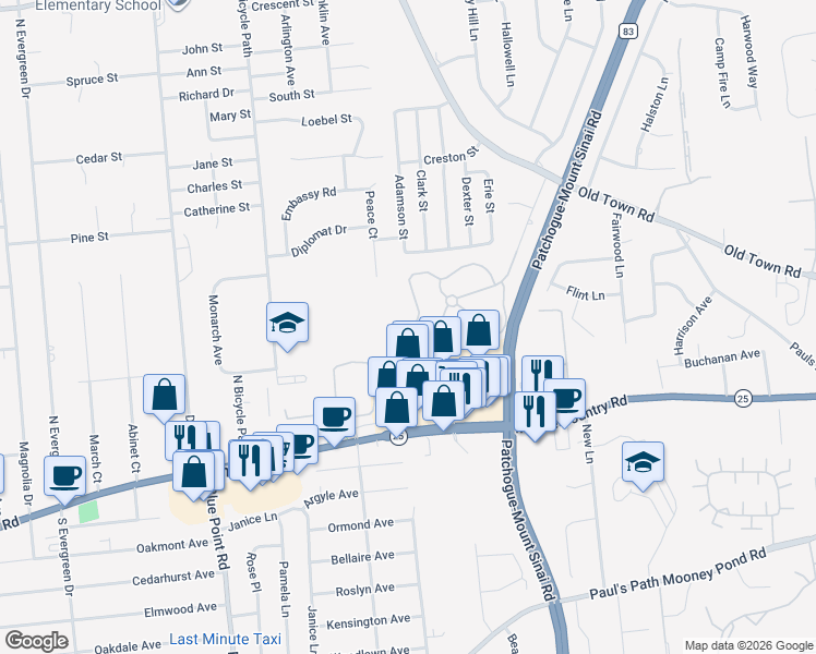 map of restaurants, bars, coffee shops, grocery stores, and more near 107 Forge Lane in Coram