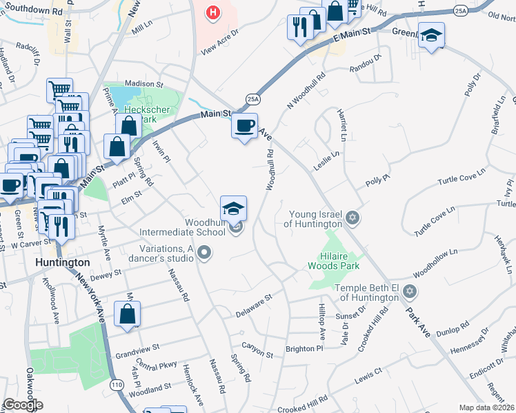 map of restaurants, bars, coffee shops, grocery stores, and more near 7 Chevy Chase Road in Huntington
