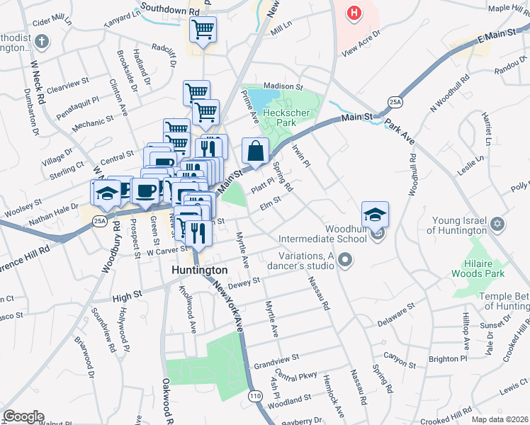 map of restaurants, bars, coffee shops, grocery stores, and more near 68 Nassau Road in Huntington
