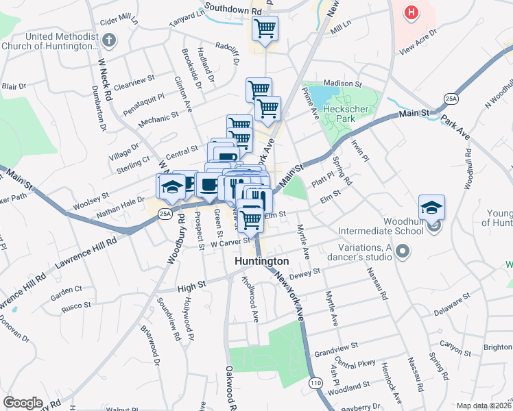 map of restaurants, bars, coffee shops, grocery stores, and more near 281 Main Street in Huntington