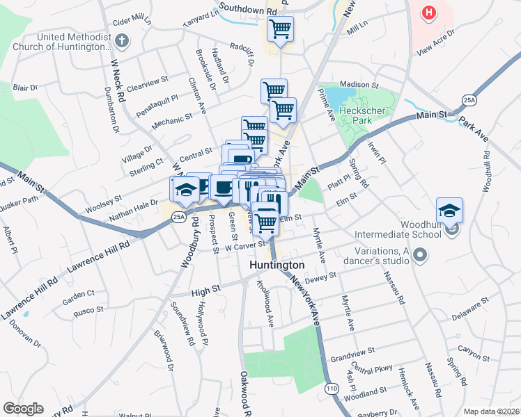 map of restaurants, bars, coffee shops, grocery stores, and more near 281 Main Street in Huntington