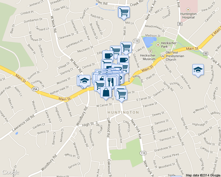 map of restaurants, bars, coffee shops, grocery stores, and more near 304 Main Street in Huntington