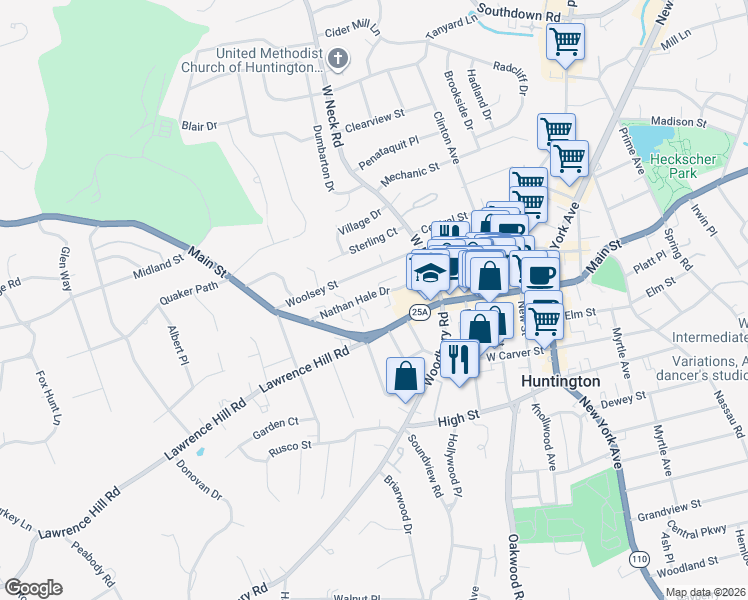 map of restaurants, bars, coffee shops, grocery stores, and more near 34 Nathan Hale Drive in Huntington