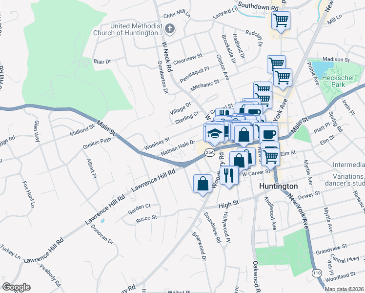 map of restaurants, bars, coffee shops, grocery stores, and more near 34 Nathan Hale Drive in Huntington