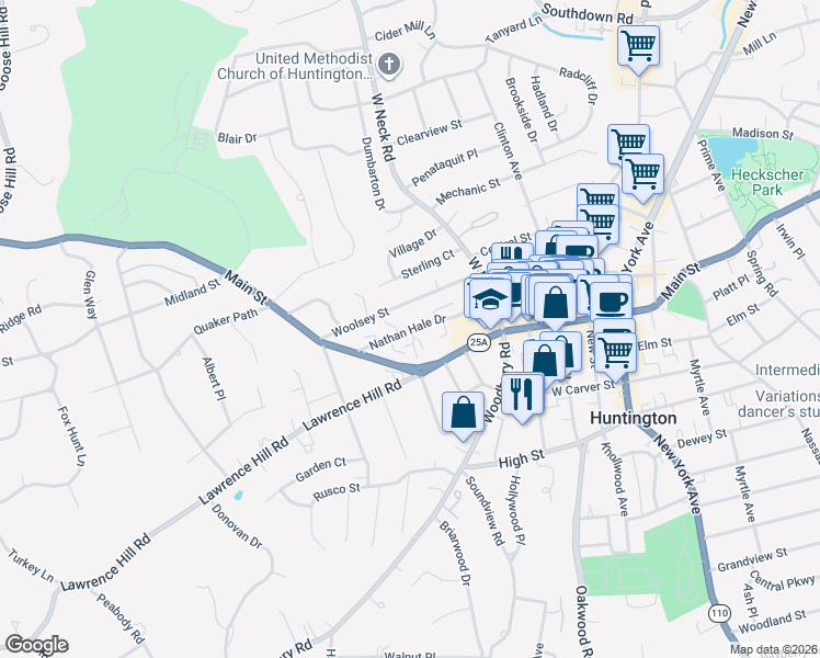 map of restaurants, bars, coffee shops, grocery stores, and more near 34 Nathan Hale Drive in Huntington