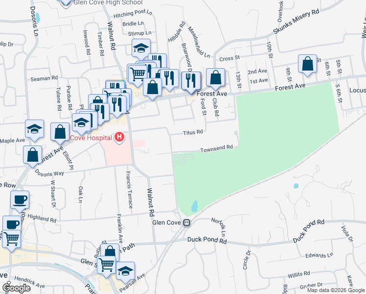 map of restaurants, bars, coffee shops, grocery stores, and more near 7 Townsend Road in Glen Cove