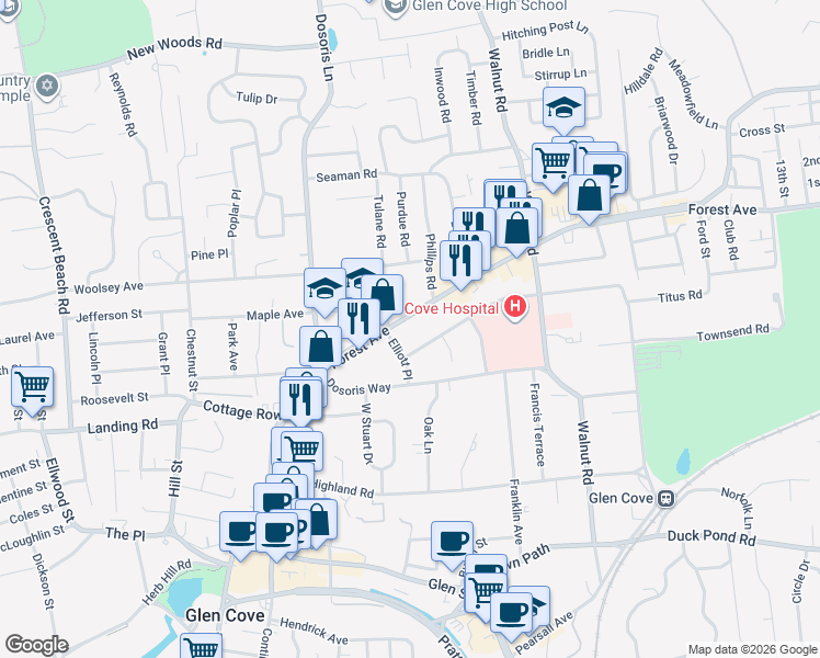 map of restaurants, bars, coffee shops, grocery stores, and more near 156 Saint Andrews Lane in Glen Cove