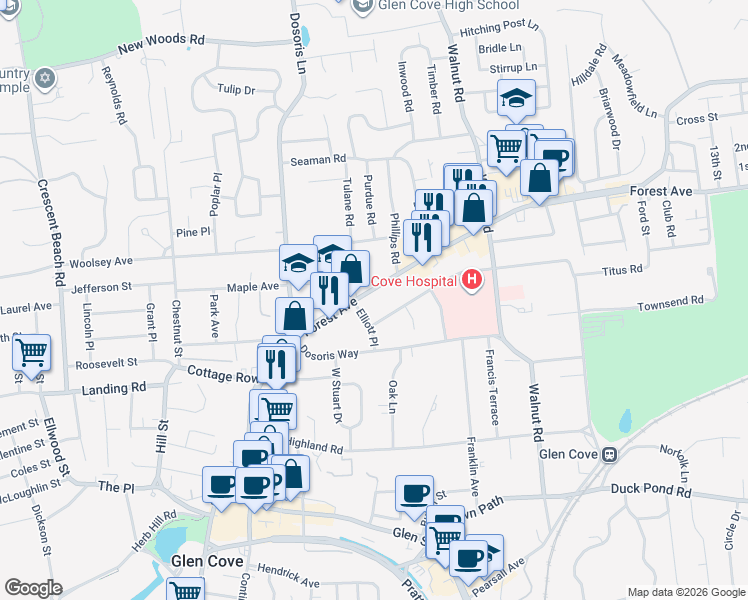 map of restaurants, bars, coffee shops, grocery stores, and more near 156 Saint Andrews Lane in Glen Cove