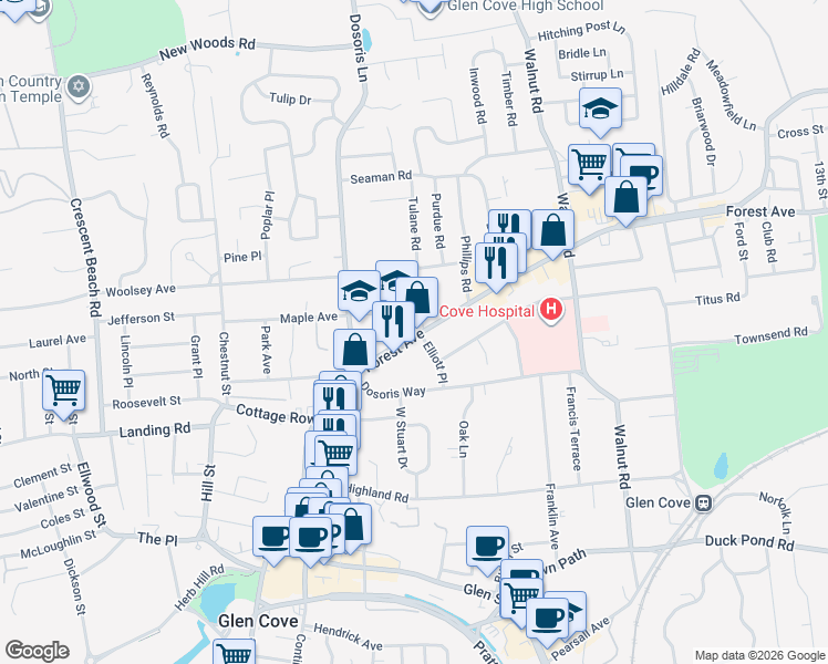 map of restaurants, bars, coffee shops, grocery stores, and more near 28 Forest Avenue in Glen Cove