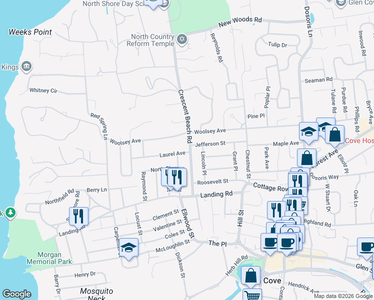map of restaurants, bars, coffee shops, grocery stores, and more near 34 Miller Street in Glen Cove