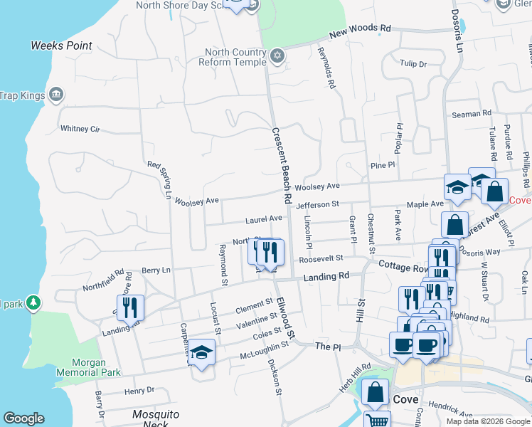 map of restaurants, bars, coffee shops, grocery stores, and more near 34 Miller Street in Glen Cove
