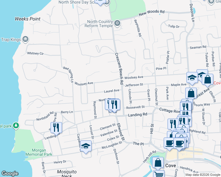 map of restaurants, bars, coffee shops, grocery stores, and more near 34 Miller Street in Glen Cove