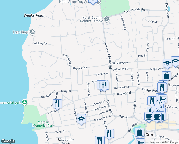 map of restaurants, bars, coffee shops, grocery stores, and more near 36 Laurel Avenue in Glen Cove