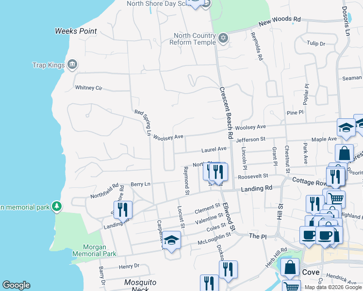 map of restaurants, bars, coffee shops, grocery stores, and more near 36 Laurel Avenue in Glen Cove