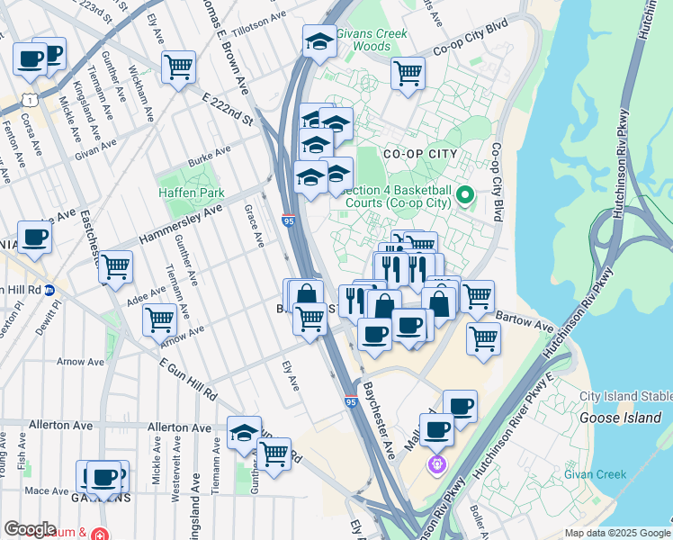 map of restaurants, bars, coffee shops, grocery stores, and more near 120 Aldrich Street in Bronx