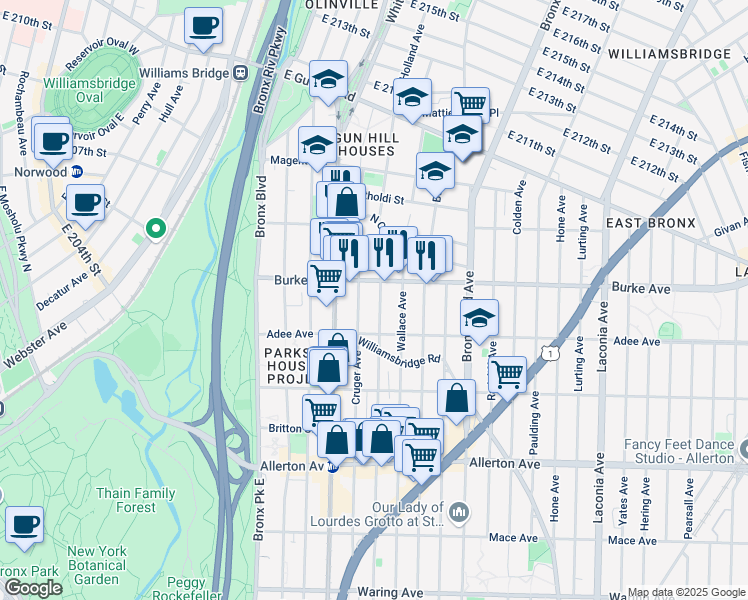 map of restaurants, bars, coffee shops, grocery stores, and more near 3032 Cruger Avenue in Bronx