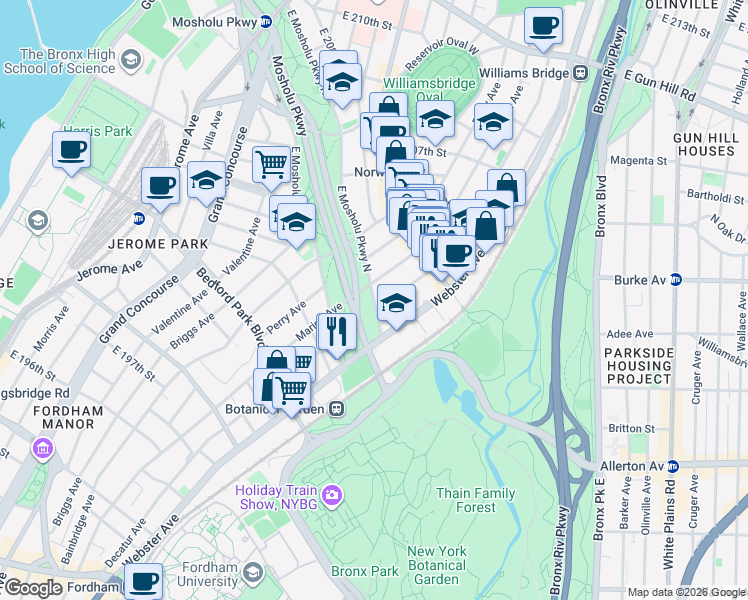 map of restaurants, bars, coffee shops, grocery stores, and more near 3044 Decatur Avenue in Bronx