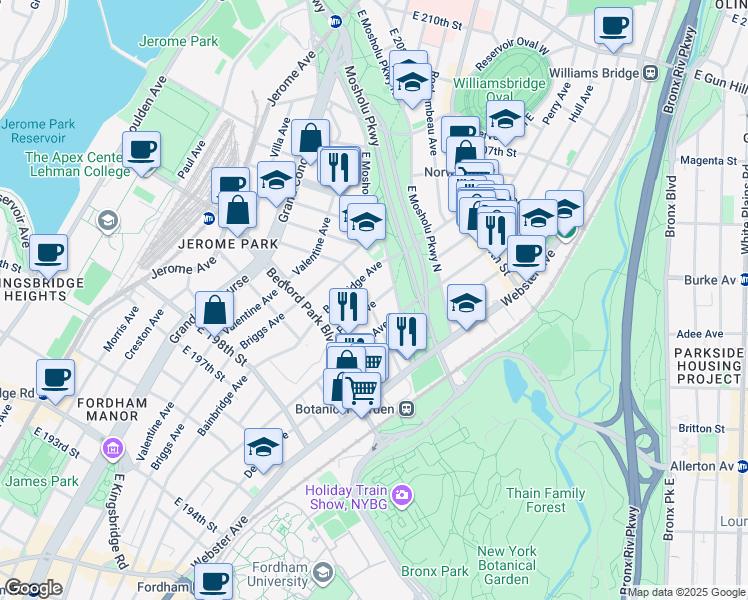 map of restaurants, bars, coffee shops, grocery stores, and more near in The Bronx