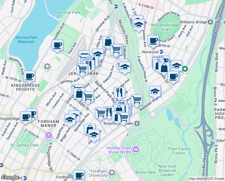 map of restaurants, bars, coffee shops, grocery stores, and more near in The Bronx