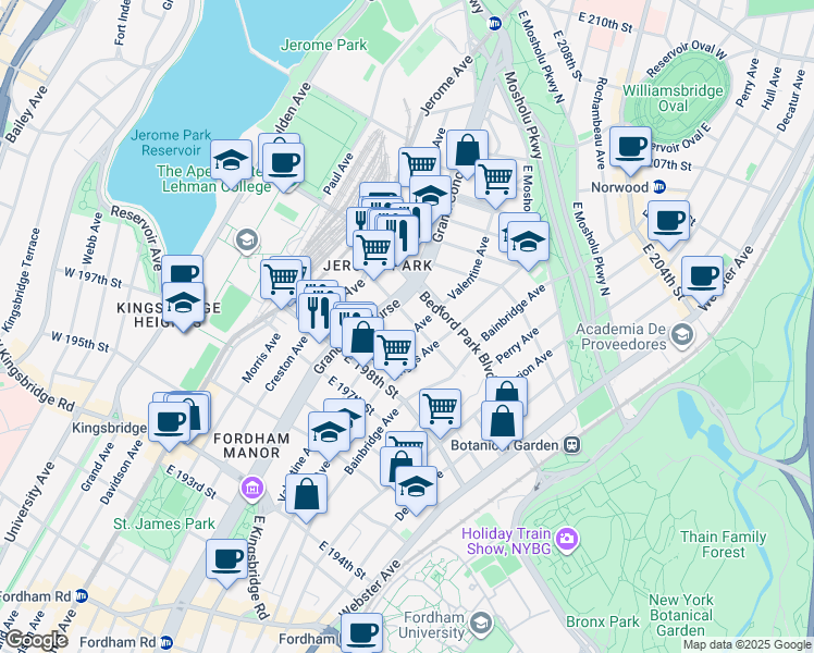 map of restaurants, bars, coffee shops, grocery stores, and more near in The Bronx