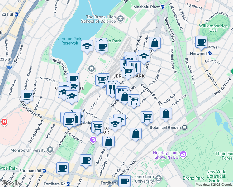 map of restaurants, bars, coffee shops, grocery stores, and more near in The Bronx