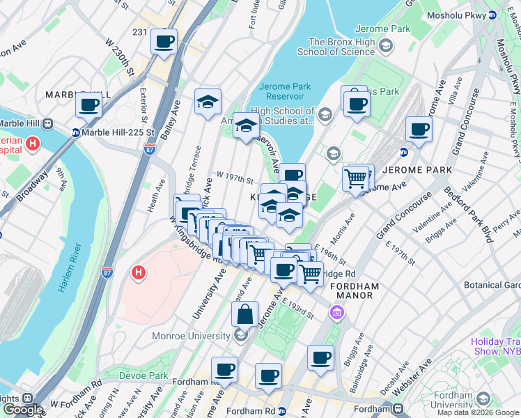 map of restaurants, bars, coffee shops, grocery stores, and more near 2766 University Avenue in Bronx