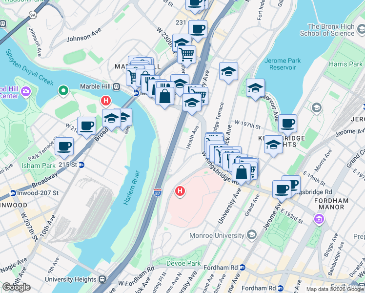 map of restaurants, bars, coffee shops, grocery stores, and more near in The Bronx