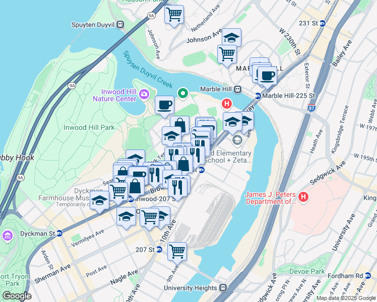 map of restaurants, bars, coffee shops, grocery stores, and more near 55 Park Terrace East in New York