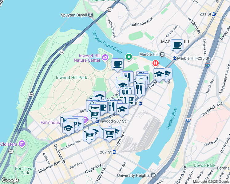 map of restaurants, bars, coffee shops, grocery stores, and more near 31 Park Terrace West in New York