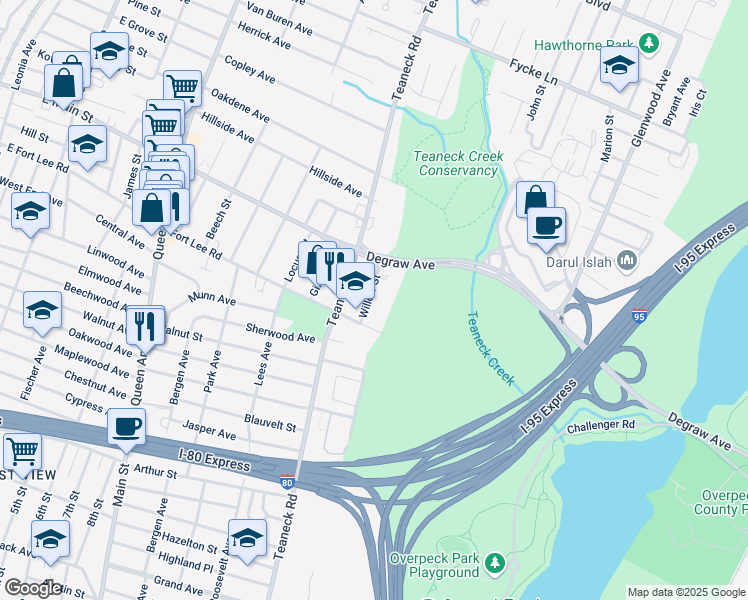 map of restaurants, bars, coffee shops, grocery stores, and more near 278 Willow Street in Teaneck