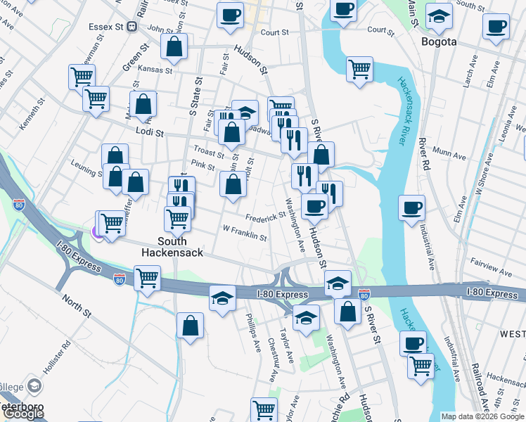 map of restaurants, bars, coffee shops, grocery stores, and more near 77 Frederick Street in Hackensack