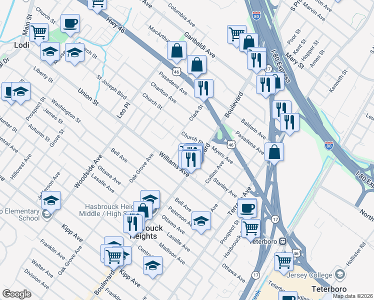 map of restaurants, bars, coffee shops, grocery stores, and more near 11-43 Hoehn Street in Lodi