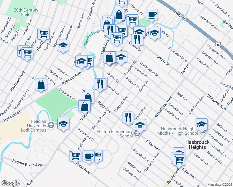 map of restaurants, bars, coffee shops, grocery stores, and more near 155 Prospect Street in Lodi