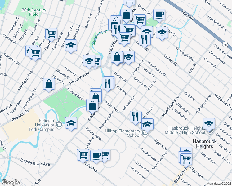 map of restaurants, bars, coffee shops, grocery stores, and more near 155 Prospect Street in Lodi