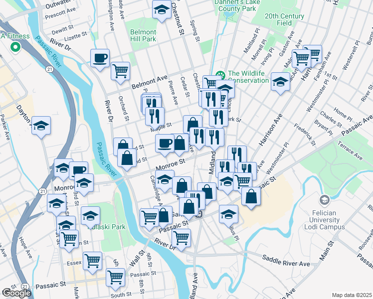 map of restaurants, bars, coffee shops, grocery stores, and more near 129 Monroe Street in Garfield