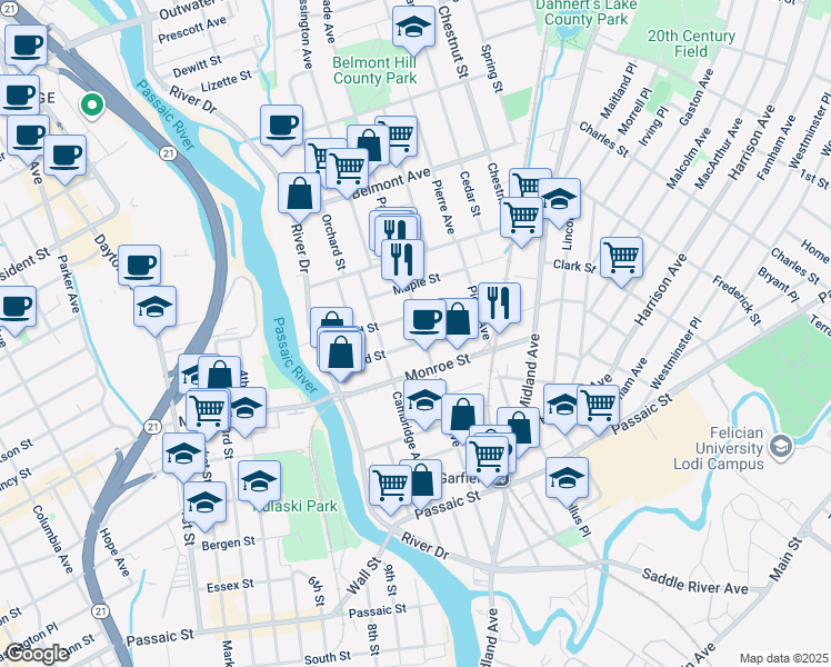 map of restaurants, bars, coffee shops, grocery stores, and more near 69 Grand Street in Garfield